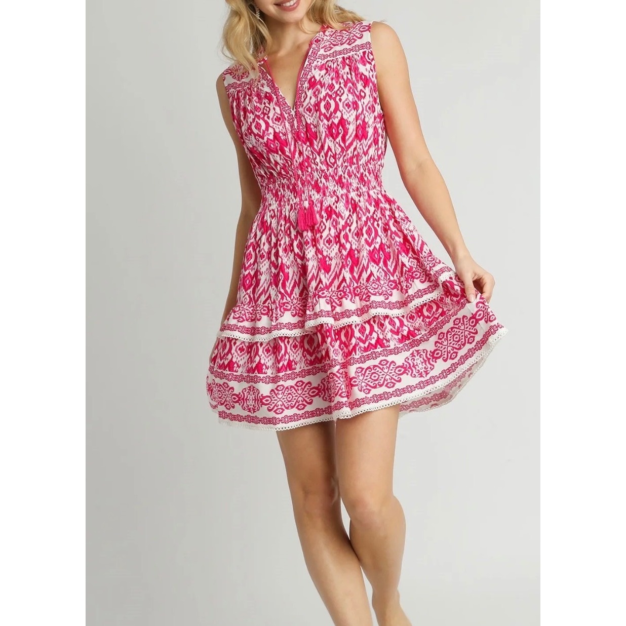 Unsee Pink Tassel Mini Dress Smocked L New Boho Whimsi Y2k Dainty Beach Resort